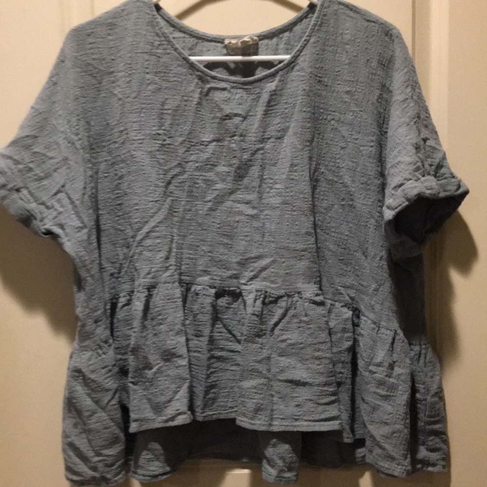 Perch Womens ruffle flowy roomy baby doll Cotton Short Sleeve Top Size 3X blue